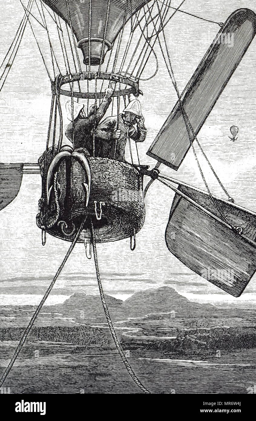 Engraving depicting Henry Tracey Coxwell's captive balloon, fitted with a semaphore system, being used by the British Army. The balloon could be used as an observation post, and any intelligence gained was signalled back to the ground. Henry Tracey Coxwell (1819-1900) an English aeronaut. Dated 19th century Stock Photo