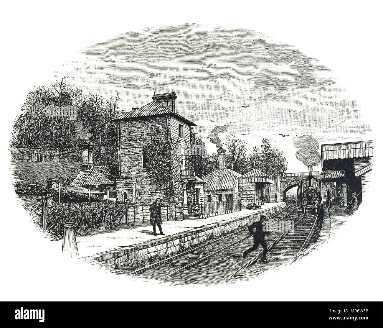 Engraving depicting North Staffordshire Railway Station at Alton Towers. Dated 19th century Stock Photo