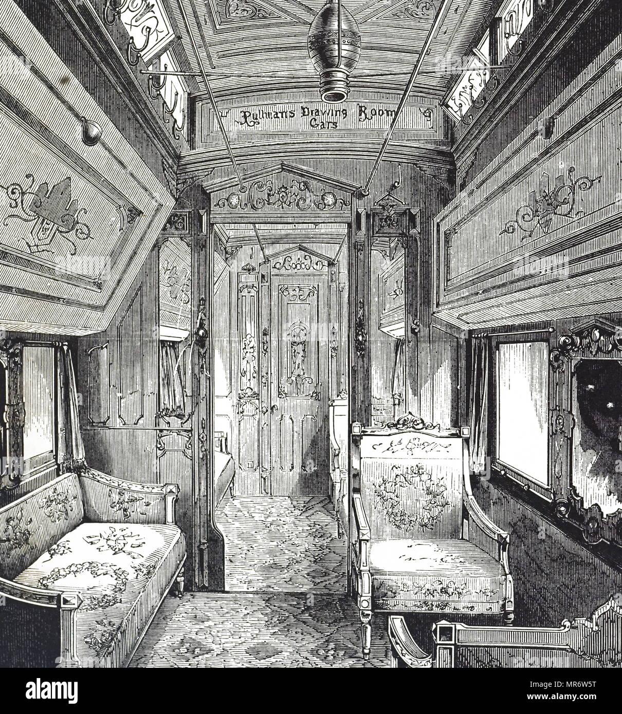 Engraving depicting a drawing room car on an American train. Dated 19th century Stock Photo