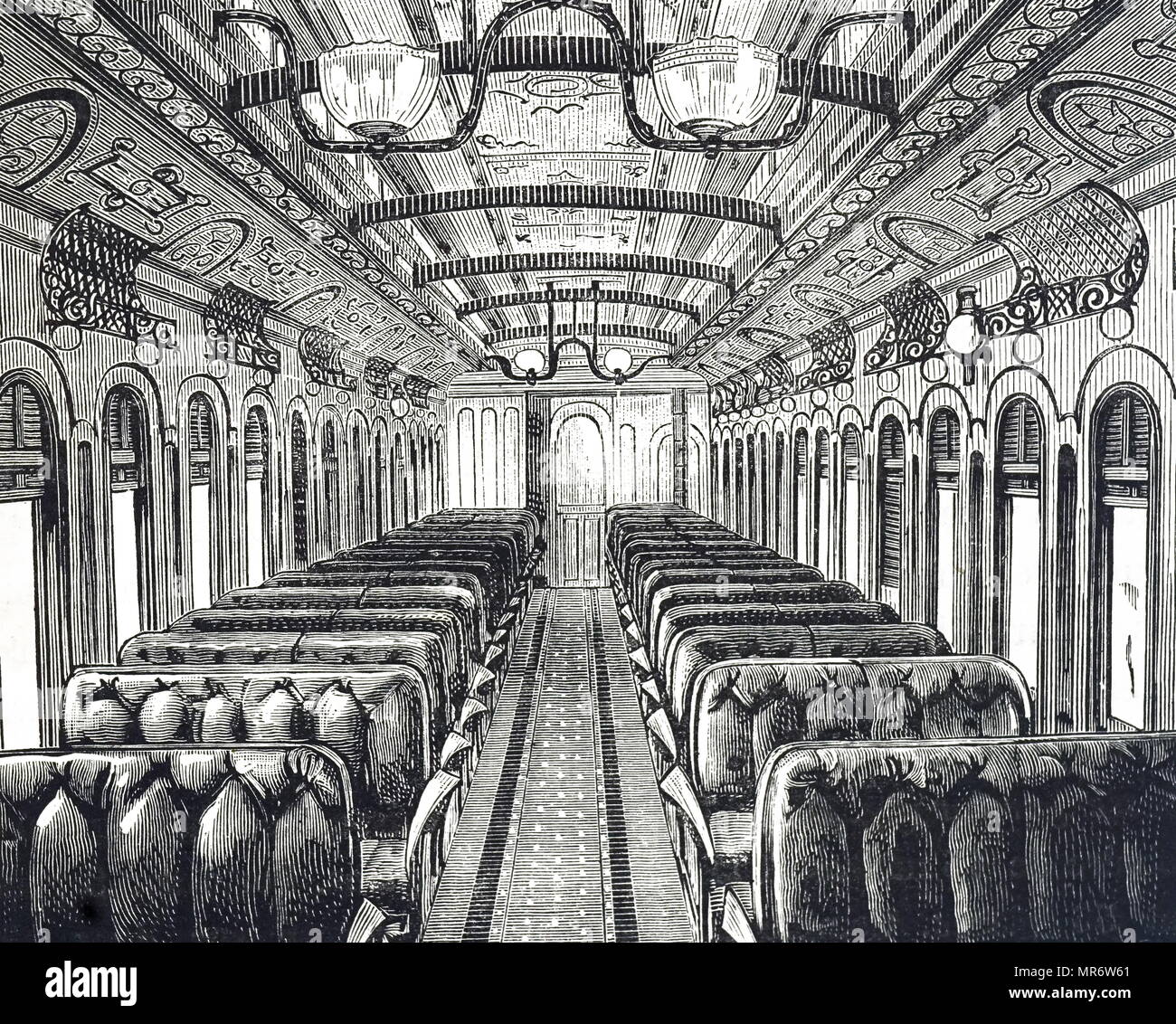 Engraving depicting a typical railway car on an American train. Dated 19th century Stock Photo