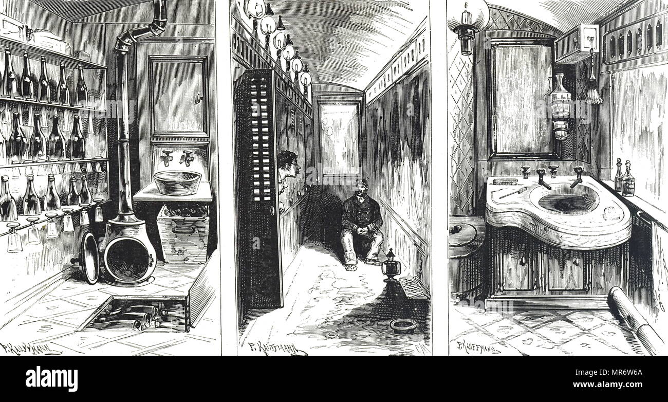 Engraving depicting part of a wagon-lit. Left: heating apparatus and kitchen. Centre: Corridor. Right: W.C. Dated 19th century Stock Photo