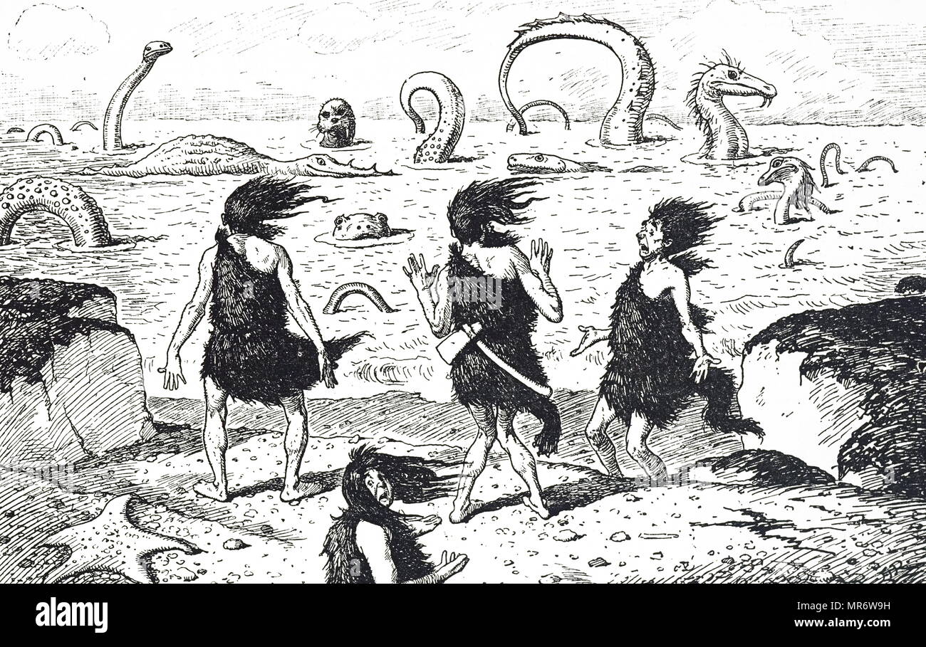 Cartoon depicting voracious dinosaurs lurking in the water. Dated 19th century Stock Photo