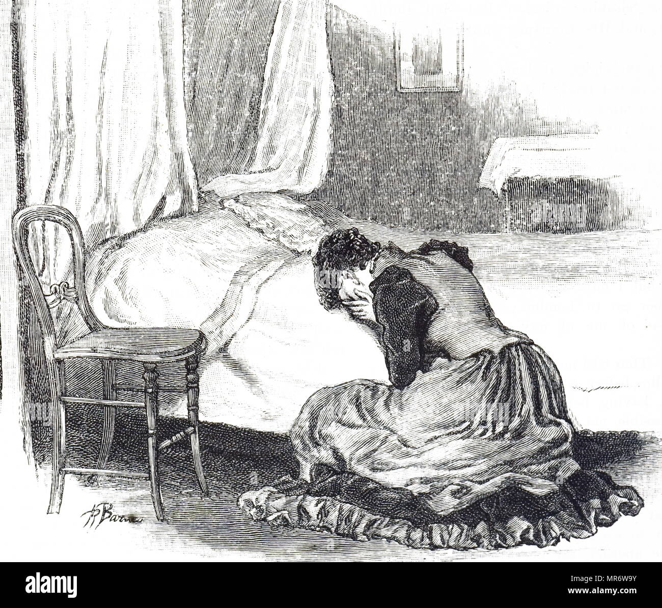 Engraving depicting a young woman weeping for an unattainable love. Dated 19th century Stock Photo