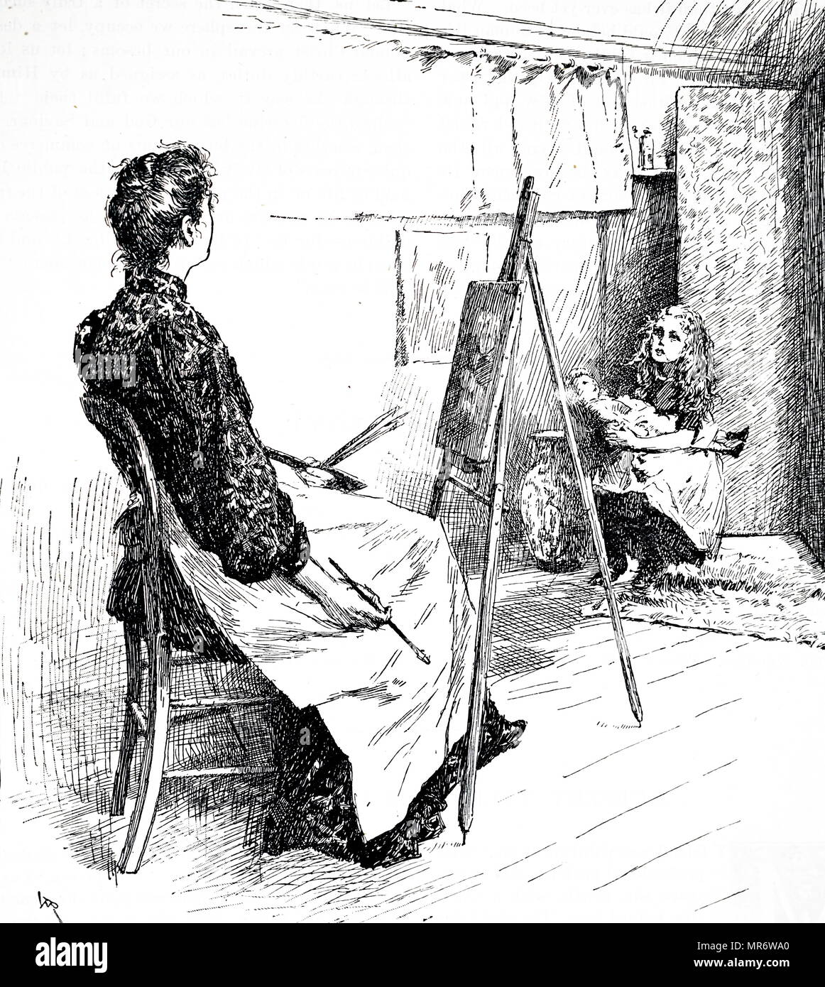 Engraving depicting a professional child model having her portrait painted. Dated 19th century Stock Photo