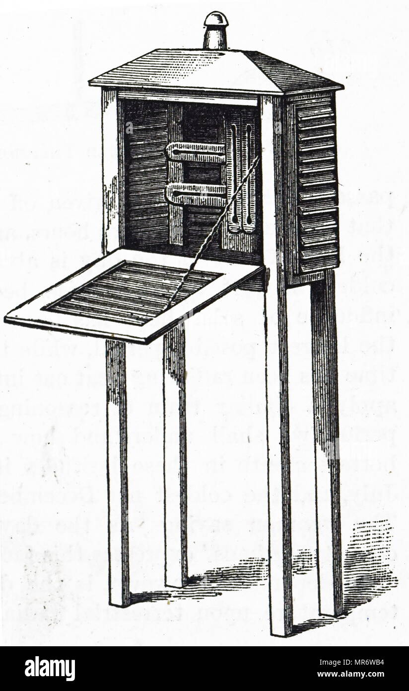 Engraving depicting Thomas Stevenson's thermometer screen, a shelter or an enclosure to shield meteorological instruments against precipitation and direct heat radiation from outside sources, while still allowing air to circulate freely around them. Thomas Stevenson (1818-1887) a Scottish lighthouse designer and meteorologist. Dated 19th century Stock Photo