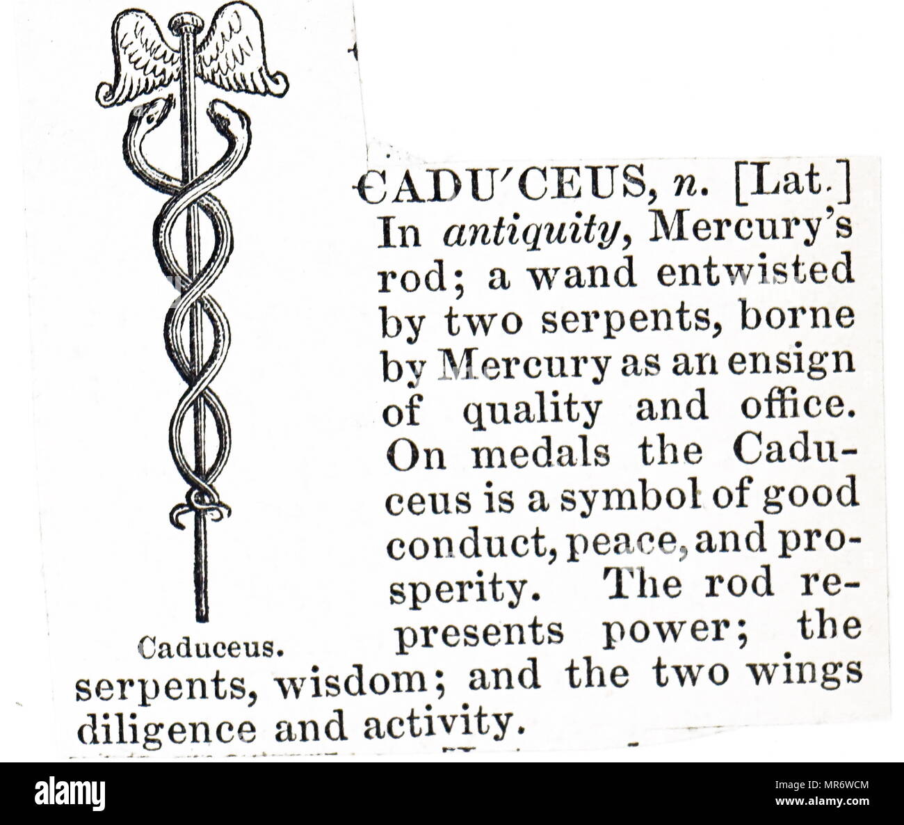 Engraving depicting the Staff of Hermes, also known as the caduceus, is the traditional symbol of Hermes and features two snakes winding around an often winged staff. The modern use of the caduceus is as a symbol of medicine. Dated 19th century Stock Photo