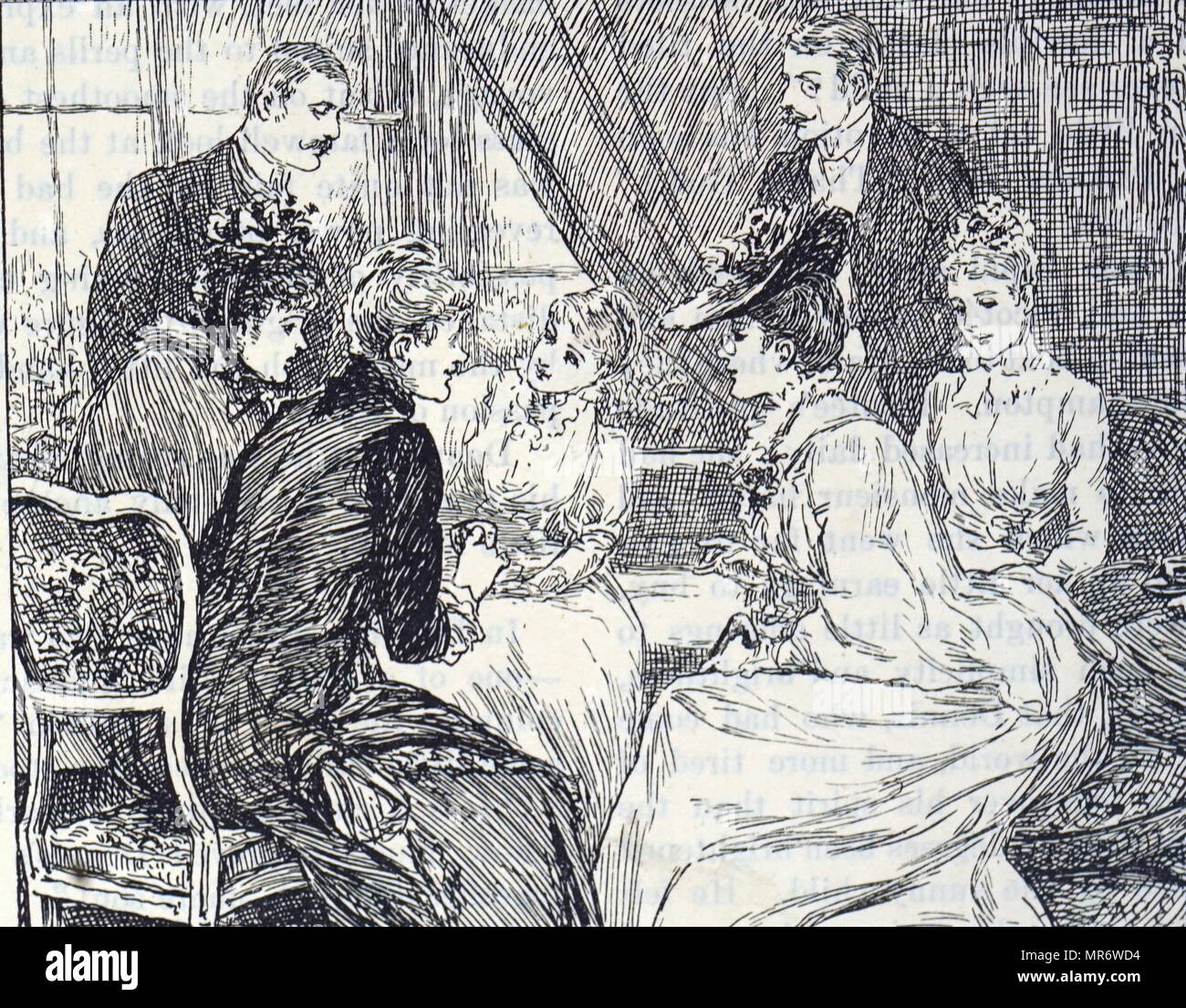 Engraving depicting a group of young women gossiping. Illustrated by ...