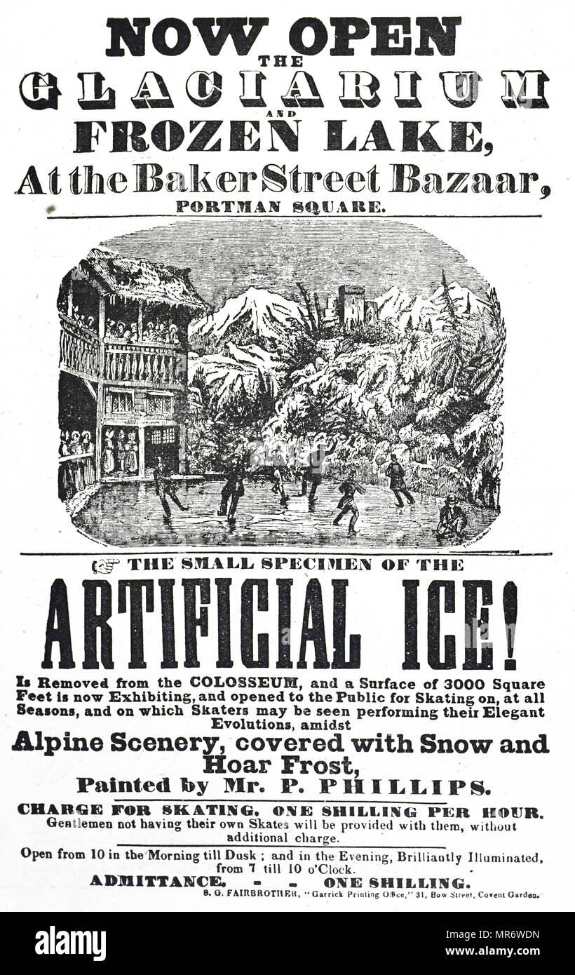 Advertisement for the Baker Street Bazaar glaciarium and frozen lake. Dated 19th century Stock Photo
