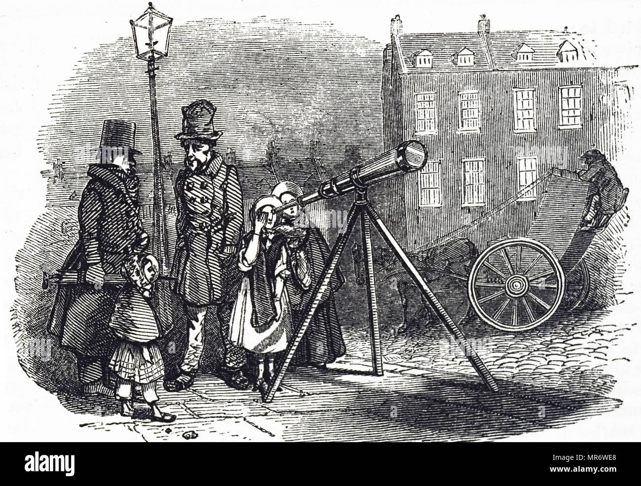 Engraving depicting a London street telescope through which anyone could gaze at the heavens for the payment of a penny. Dated 19th century Stock Photo