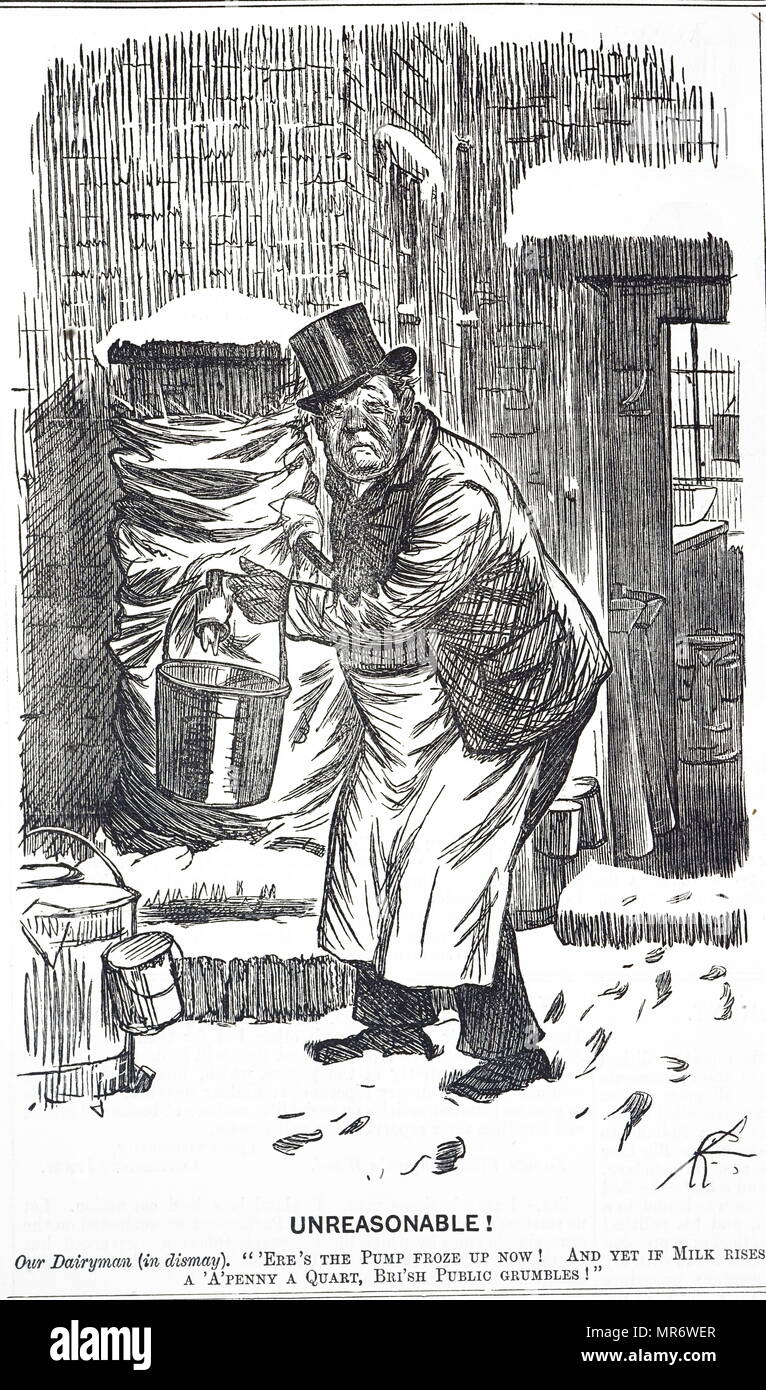 Cartoon commenting on the widespread practice to water-down milk and charge the customer full price. Dated 19th century Stock Photo