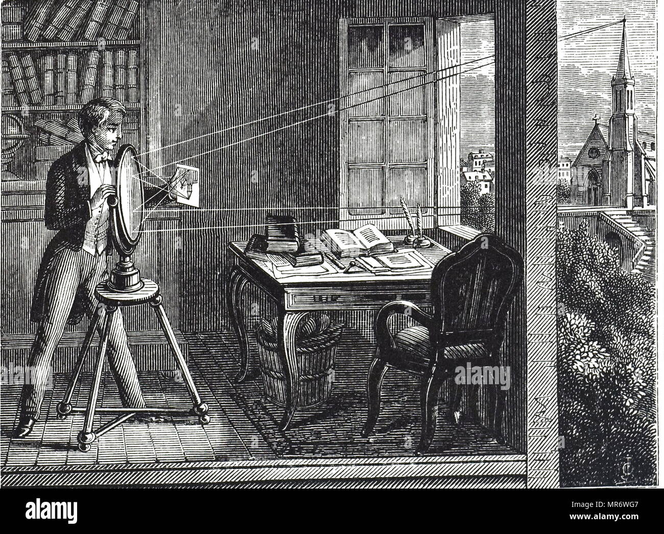 Engraving depicting a concave mirror being used. Dated 19th century Stock Photo