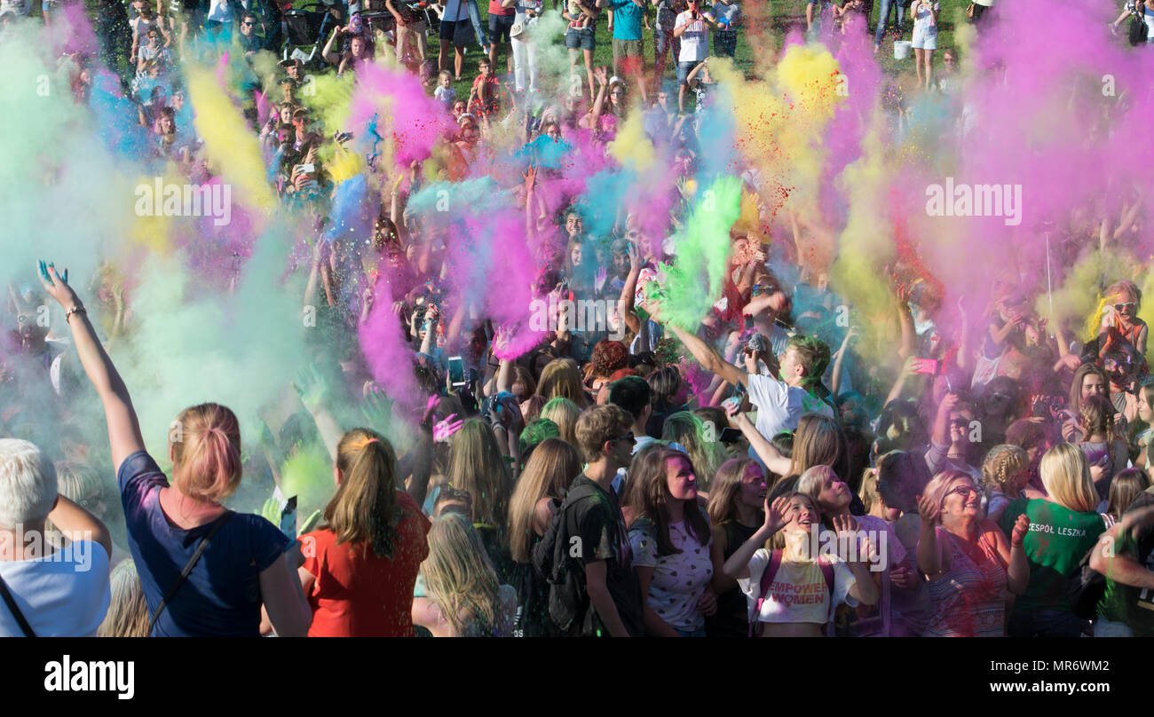 Colour festival In Poznan, 2017. Coloured powders thrown into the air Stock Photo