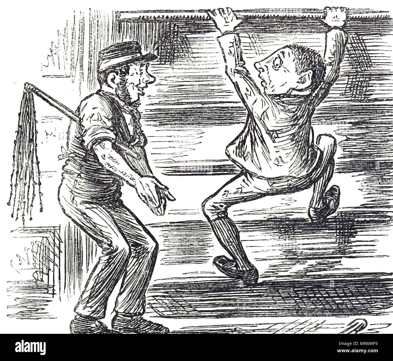 Cartoon depicting a prison officer with a cat-'o-nine-tails. Dated 19th century Stock Photo
