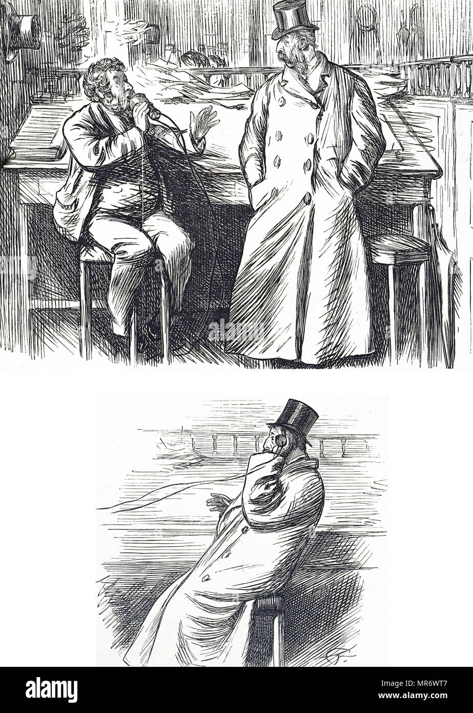 Cartoon commenting on the delights of the new fangled telephone. Dated 19th century Stock Photo