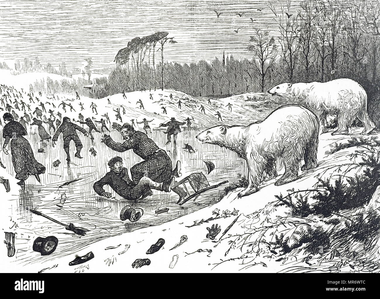 Cartoon depicting Londoners who were convinced that the new Ice Age had begun. The winter of 1880/ was more severe than usual in Britain which sparked these theories. Illustrated by George du Maurier (1834-1896) a Franco-British cartoonist and author. Dated 19th century Stock Photo