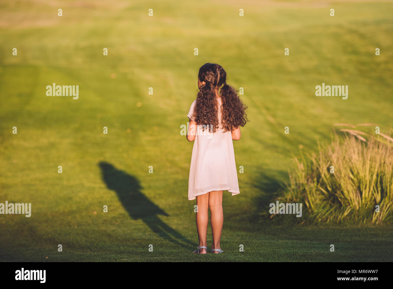 rear view of little african american girl standing on green lawn Stock ...