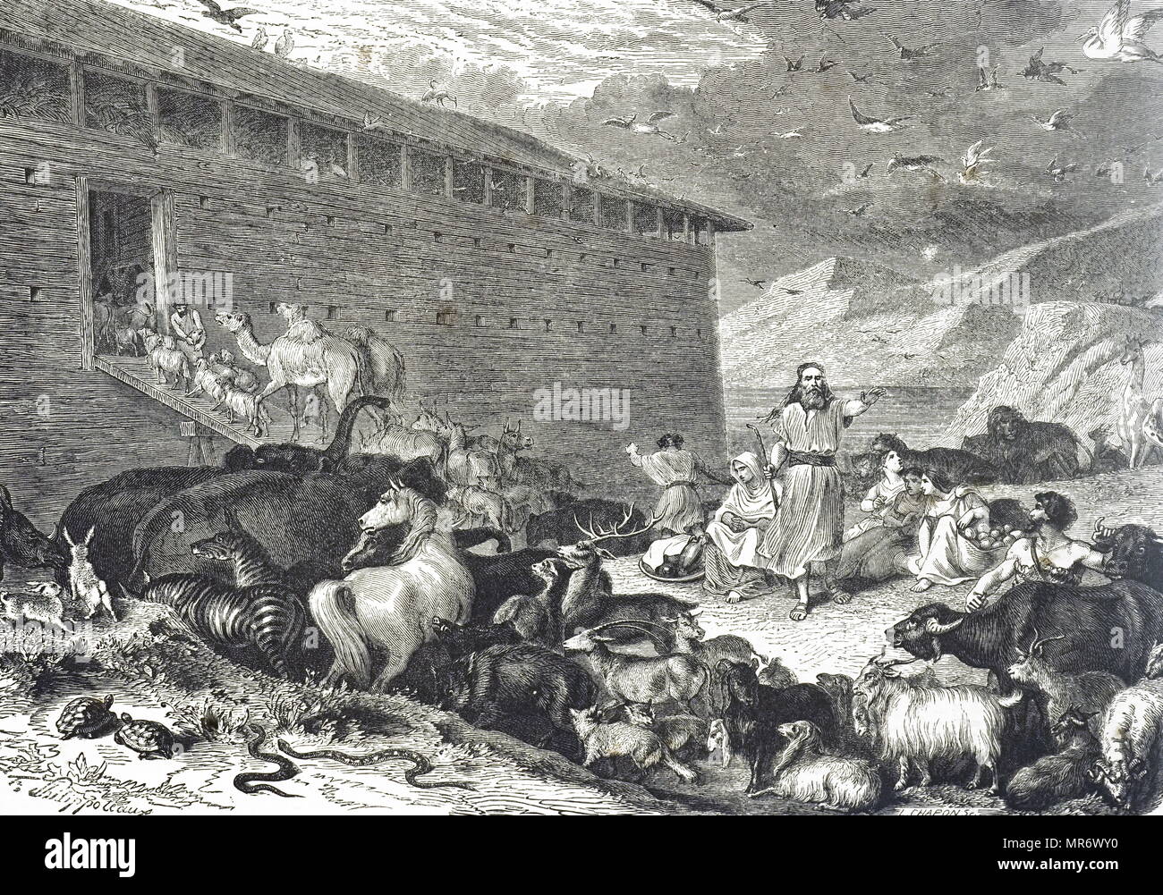 Engraving depicting Noah supervising the entry of the animals into the Ark. Dated 19th century Stock Photo
