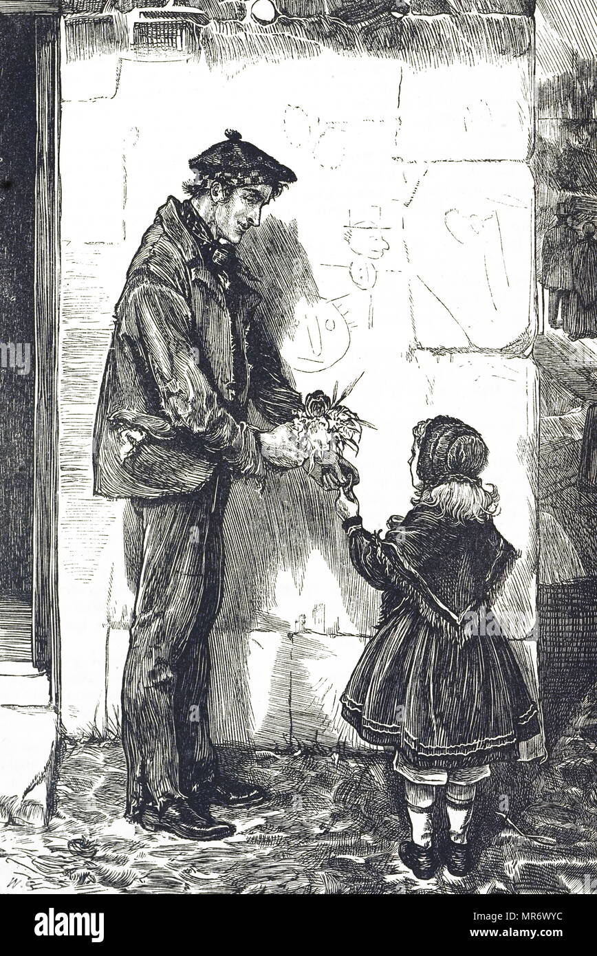 Engraving depicting a man wearing a beaver hat speaking with a little girl wearing a bonnet and shawl. Dated 19th century Stock Photo