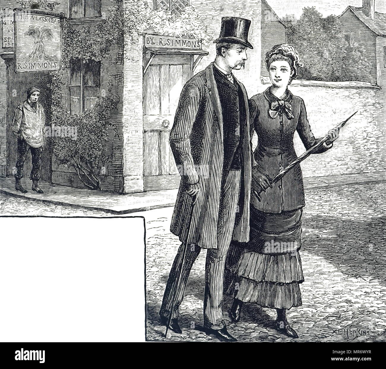 Engraving depicting a well-dressed couple walking down the street. Dated 19th century Stock Photo