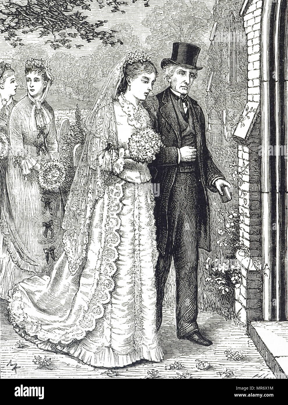 Illustration depicting a bride walking with her father into a church. Dated 19th century Stock Photo