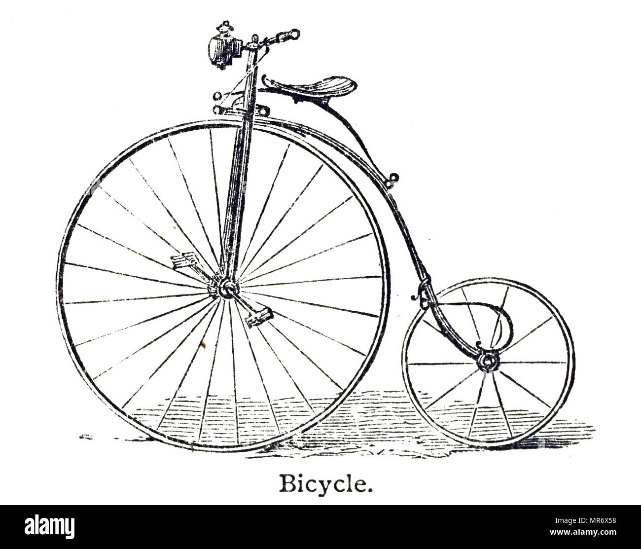 Engraving depicting a penny-farthing, also known as a high wheel, high wheeler and ordinary, is a type of bicycle with a large front wheel and a much smaller rear wheel. Dated 19th century Stock Photo