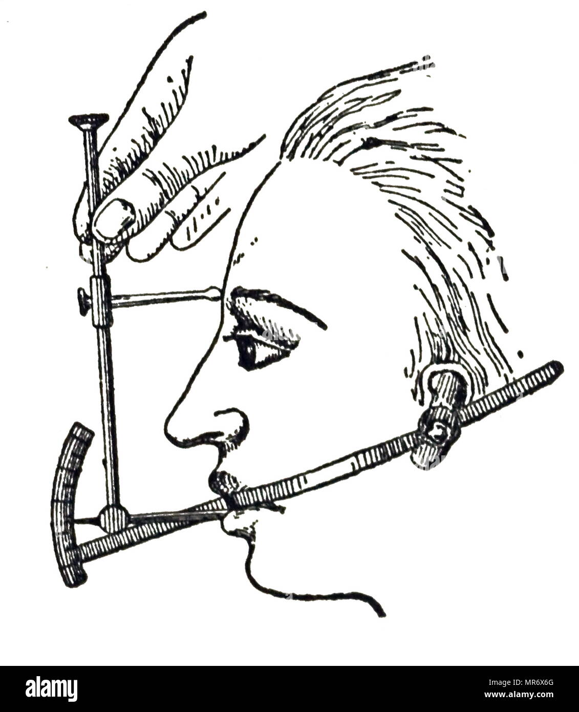 Engraving depicting a facial goniometer, used for measuring the angles of the profile. Dated 20th century Stock Photo