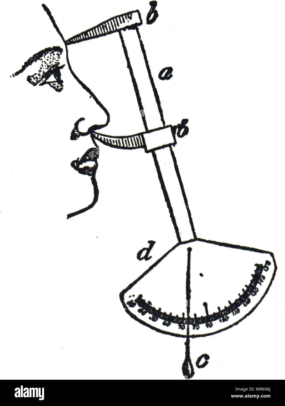 Engraving depicting a facial goniometer, used for measuring the angles of the profile. Dated 20th century Stock Photo