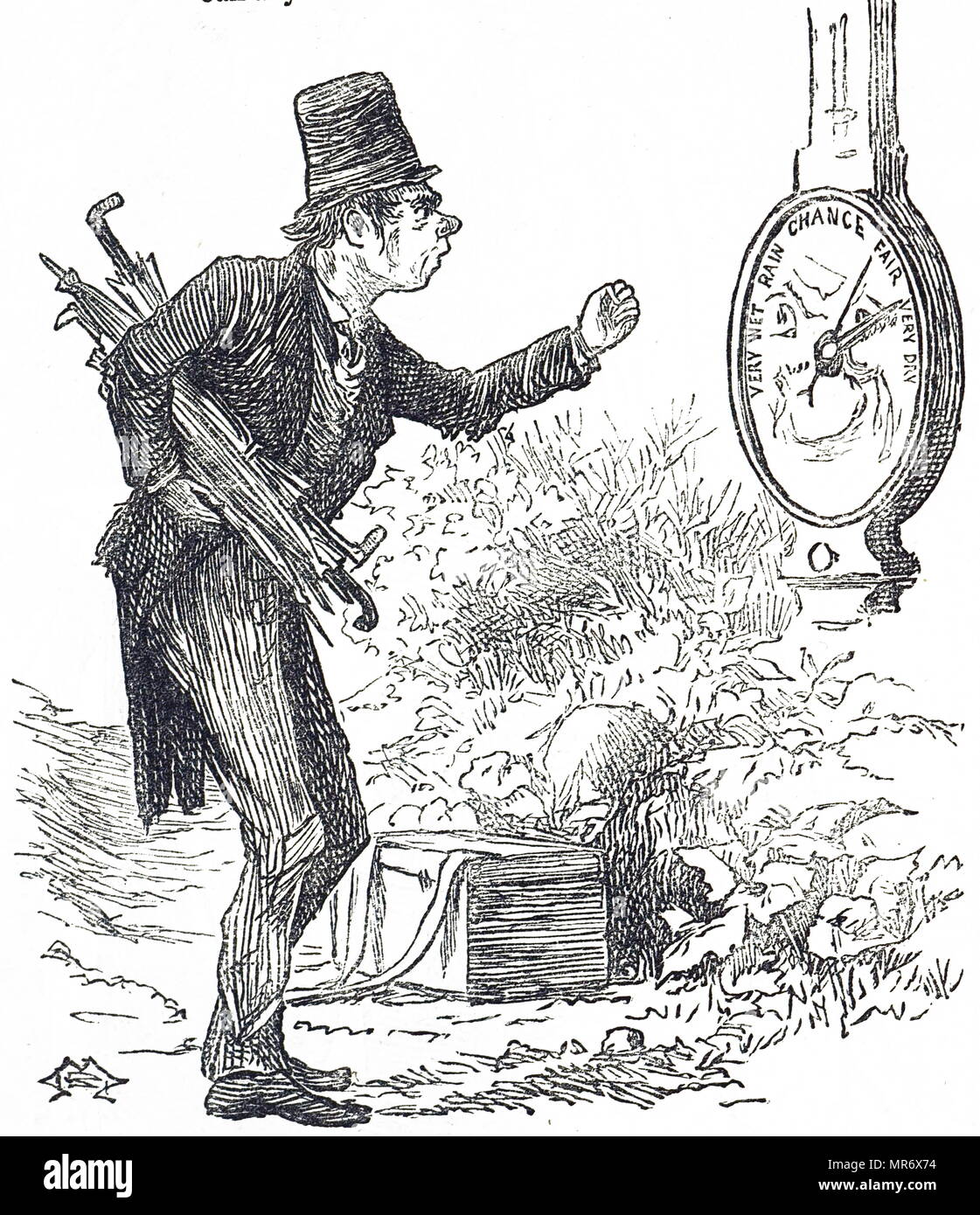 Cartoon commenting on unreliable weather forecasts made by barometers. Dated 19th century Stock Photo
