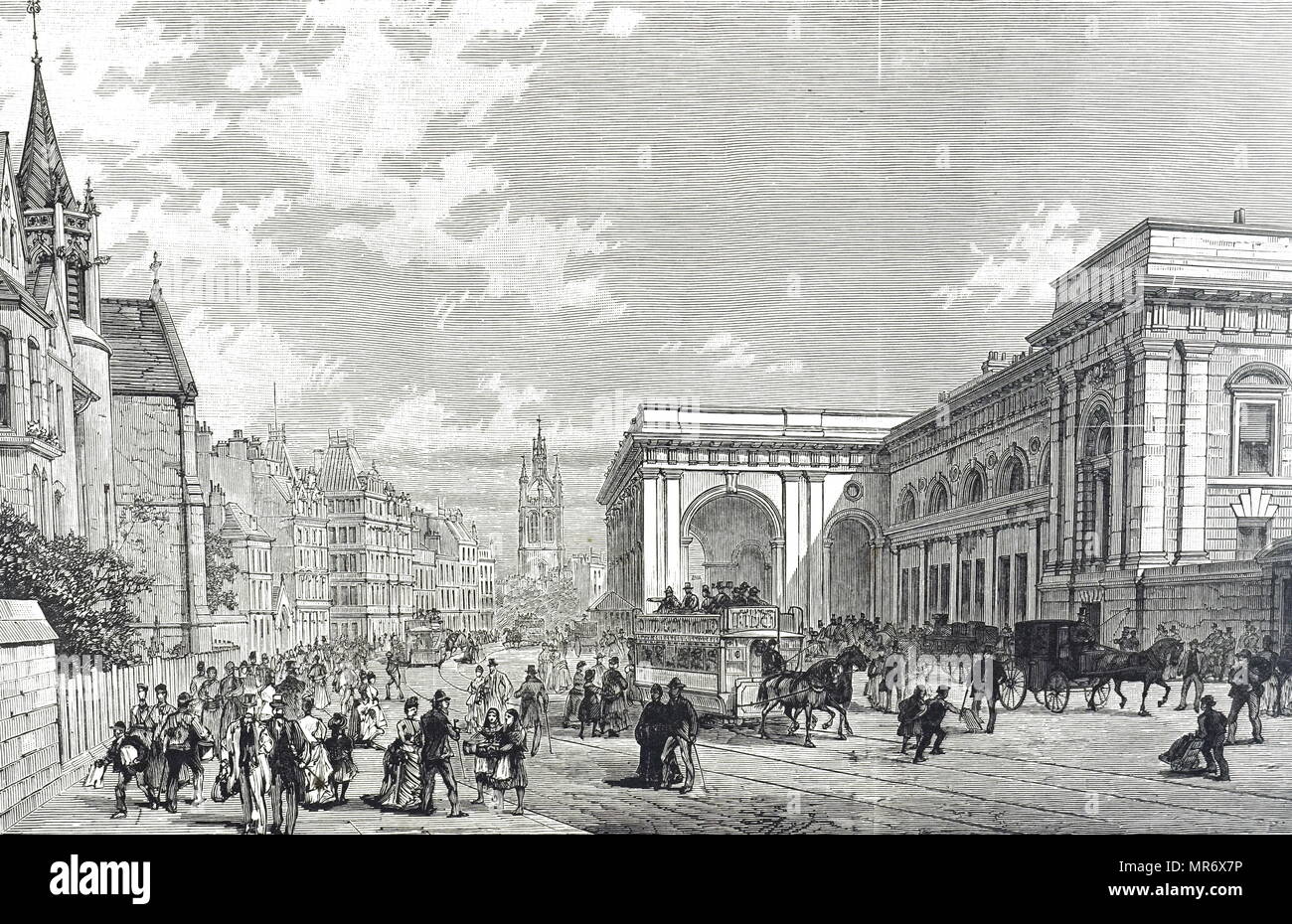 Engraving depicting a street scene in Newcastle upon Tyne during the