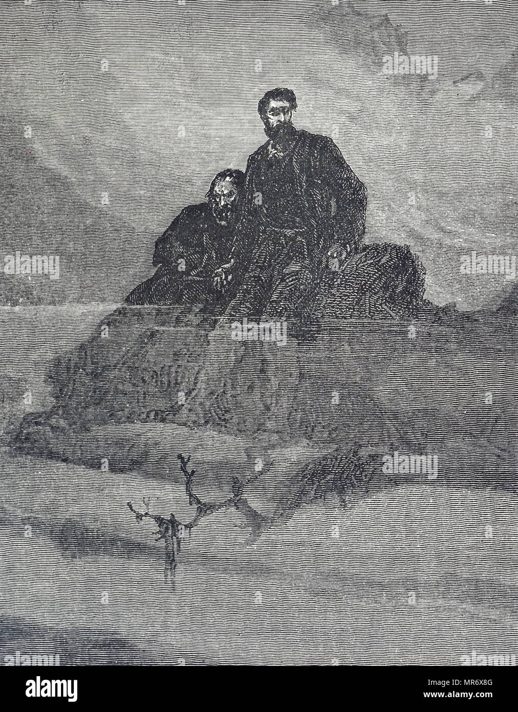 Engraving depicting two men surrounded by thick fog on the mountains of Auckland Island. Dated 19th century Stock Photo