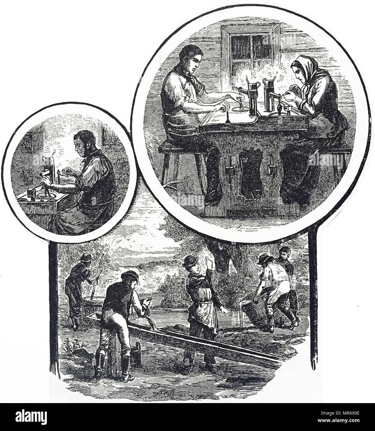 Engraving depicting the productions of Bohemian garnet. At the bottom miners are sieving for garnets, while the man on the top left is splitting the stones. The couple on the top right polish them. Dated 19th century Stock Photo