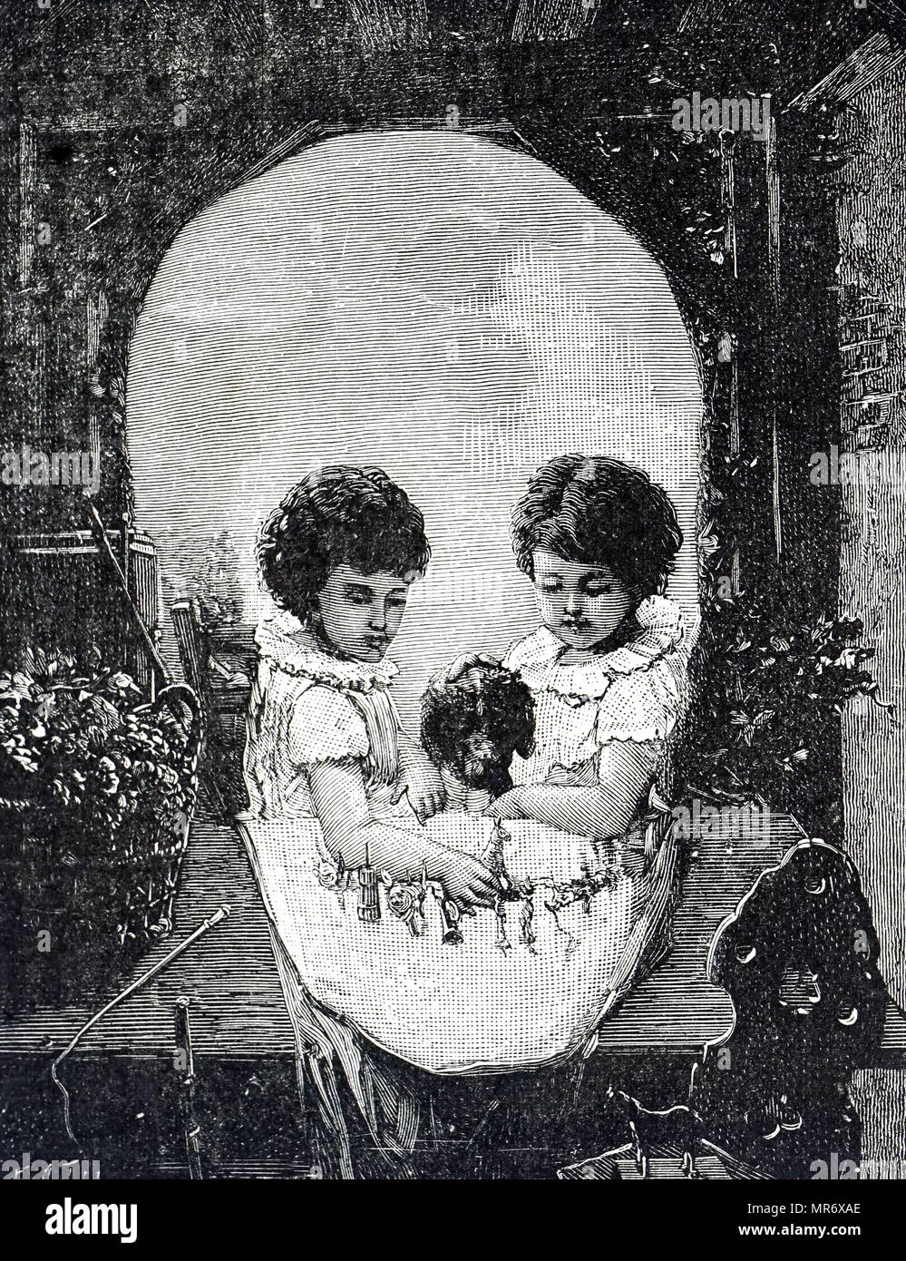 Example of an optical illusion two happy children, framed by an arch