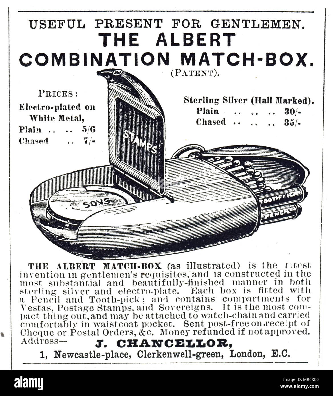 Advertisement for the Albert Combination Match-Box. Dated 19th century Stock Photo