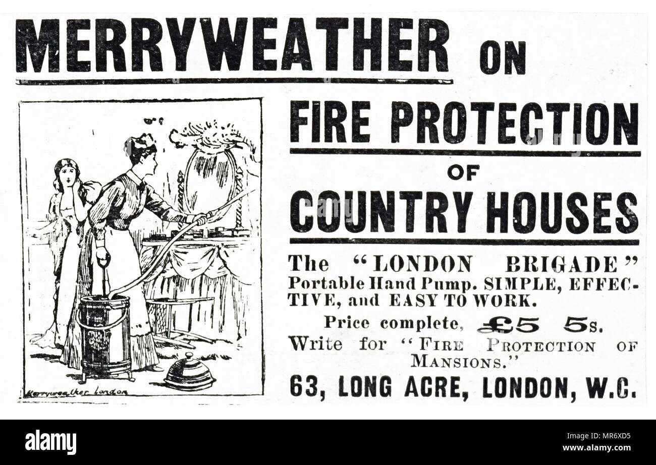 Advertisement for a simple portable hand pump for fighting domestic fires with water. Dated 20th century Stock Photo