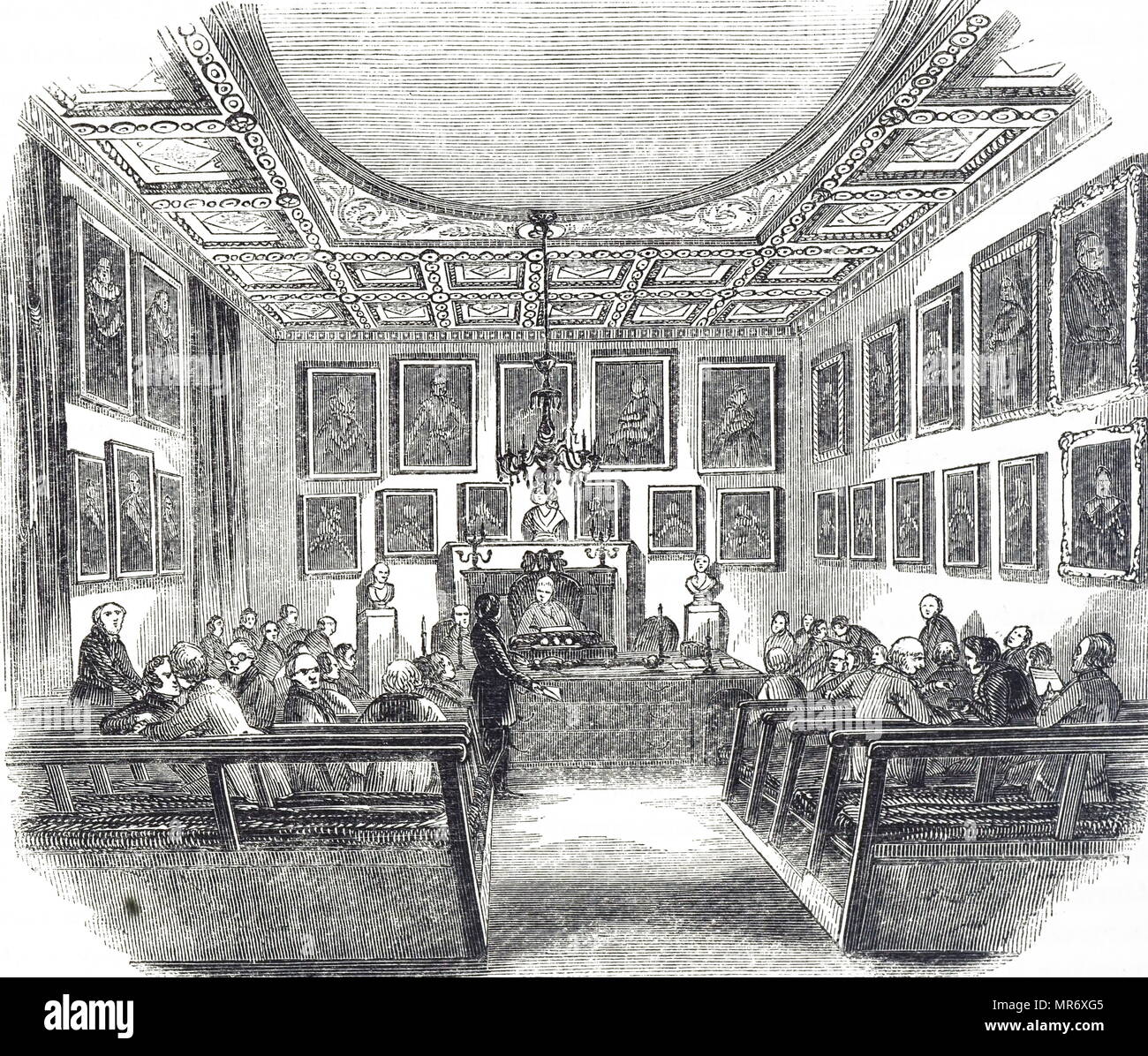 Engraving depicting a meeting of the Royal Society in Somerset House, London. Dated 19th century Stock Photo