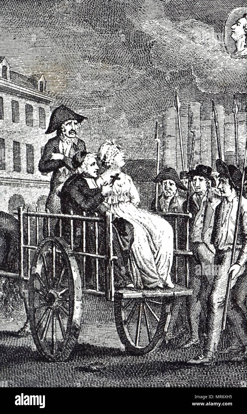 Engraving depicting Marie Antoinette being taken to be executed. Marie Antoinette (1755-1793) was the last Queen of France before the French Revolution. Dated 19th century Stock Photo