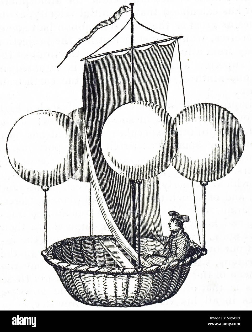Engraving depicting Francesco Lana de Terzi's flying boat concept. Francesco Lana de Terzi (1631-1687) an Italian Jesuit priest, mathematician, naturalist and aeronautics pioneer. Dated 19th century Stock Photo