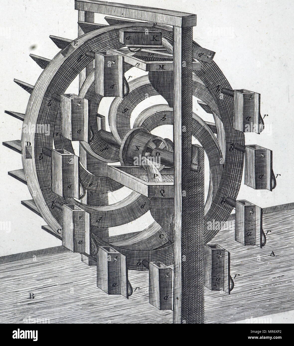 Engraving depicting a Persian Wheel, also known as a Sakia, a mechanical water lifting device which uses buckets, jars, or scoops fastened either directly to a vertical wheel, or to an endless belt activated by such a wheel. Dated 19th century Stock Photo