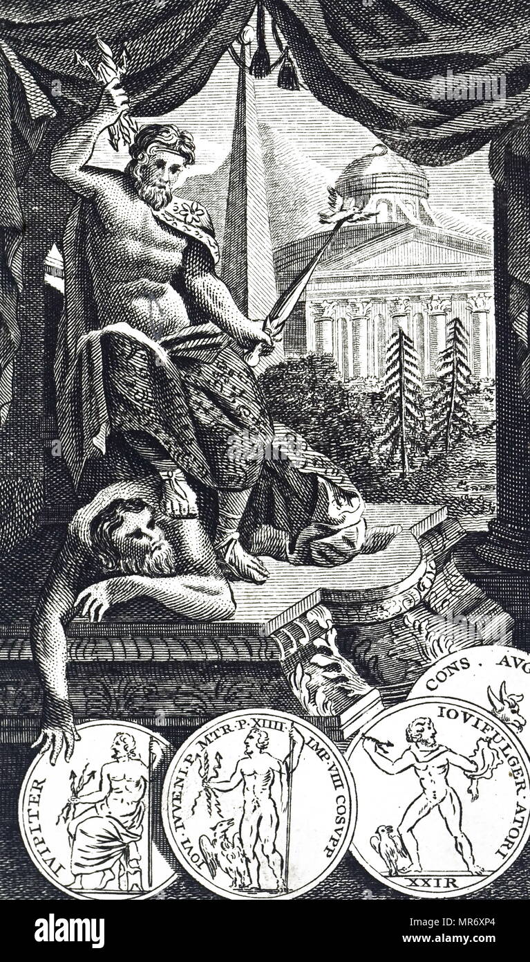 Engraving depicting Jupiter (or Jove) the supreme Roman God (Zeus of the Greeks), son of Saturn (Greek Cronus) who he is dethroning. Lord of heaven and bringer of light- in his right hand he is holding lightning. Dated 18th century Stock Photo