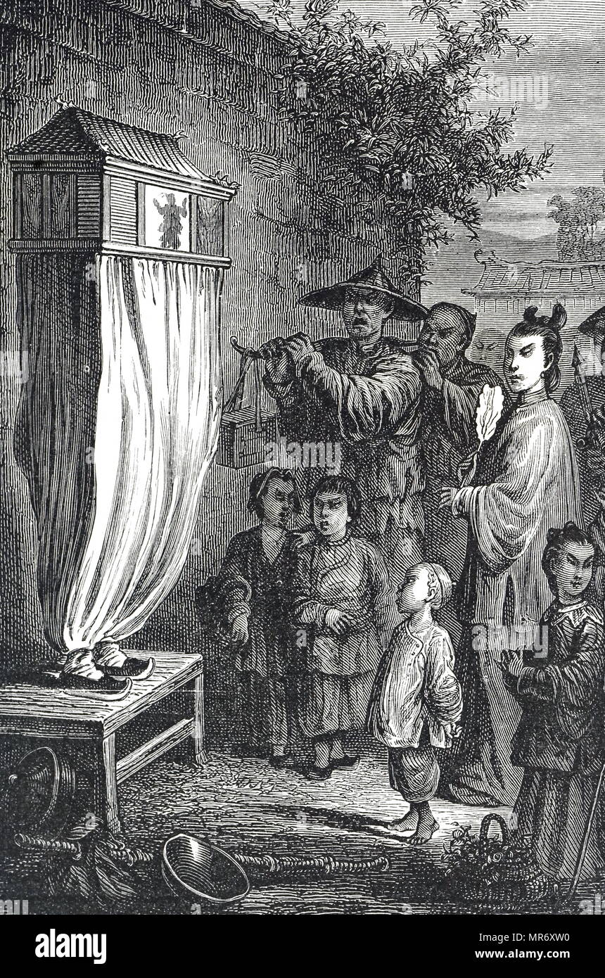 Engraving depicting a Chinese shadow puppet show. Dated 19th century Stock Photo