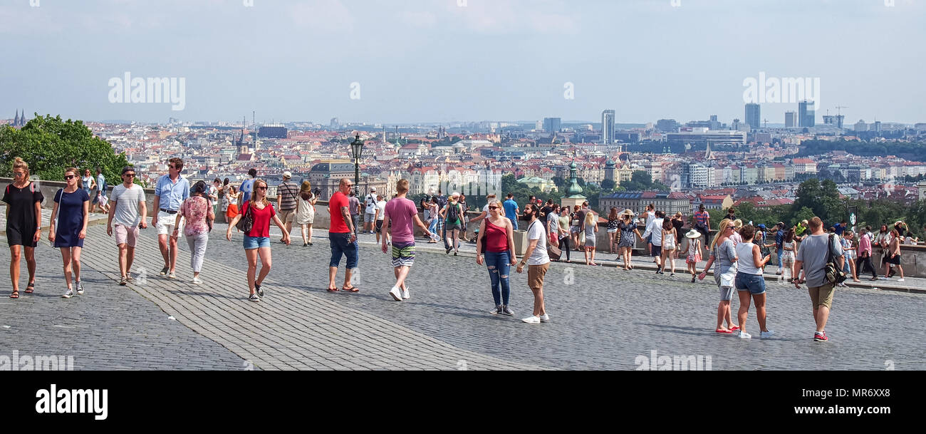 PRAGUE, CZECH REPUBLIC-JULY 23, 2016: Panoramic view of the summer city with a lot of turists Stock Photo