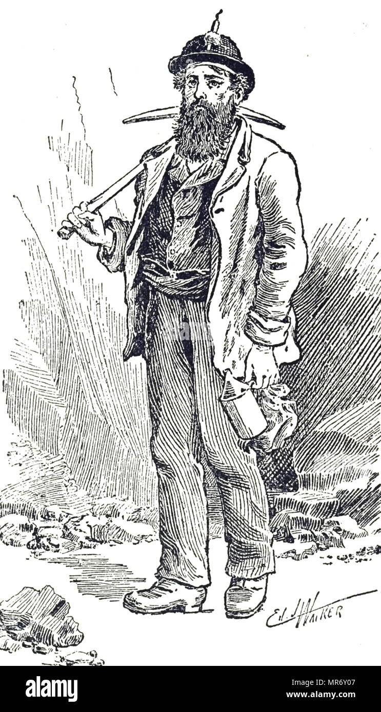 Engraving depicting a lead miner from Durham going to work. He is carrying his miner's pick and his 'snap' or lunch, and on his helmet is the candle for lighting his way underground. 19th century Stock Photo