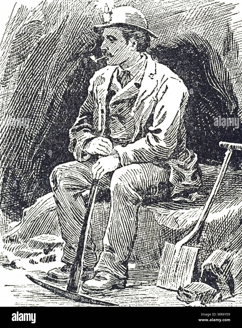 Engraving depicting a lead miner from Durham going to work. He is carrying his miner's pick and his shovel, and on his helmet is the candle for lighting his way underground. He is smoking a clay pipe on his break. 19th century Stock Photo