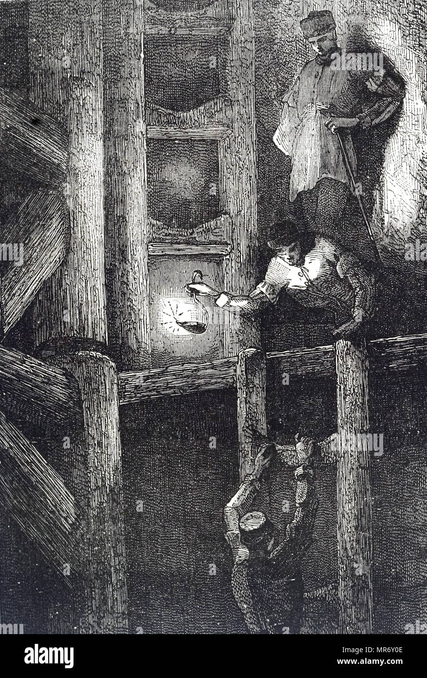 Engraving depicting miners descending to the working level in a lead mine in the Harz Mountains, Germany. Dated 19th century Stock Photo