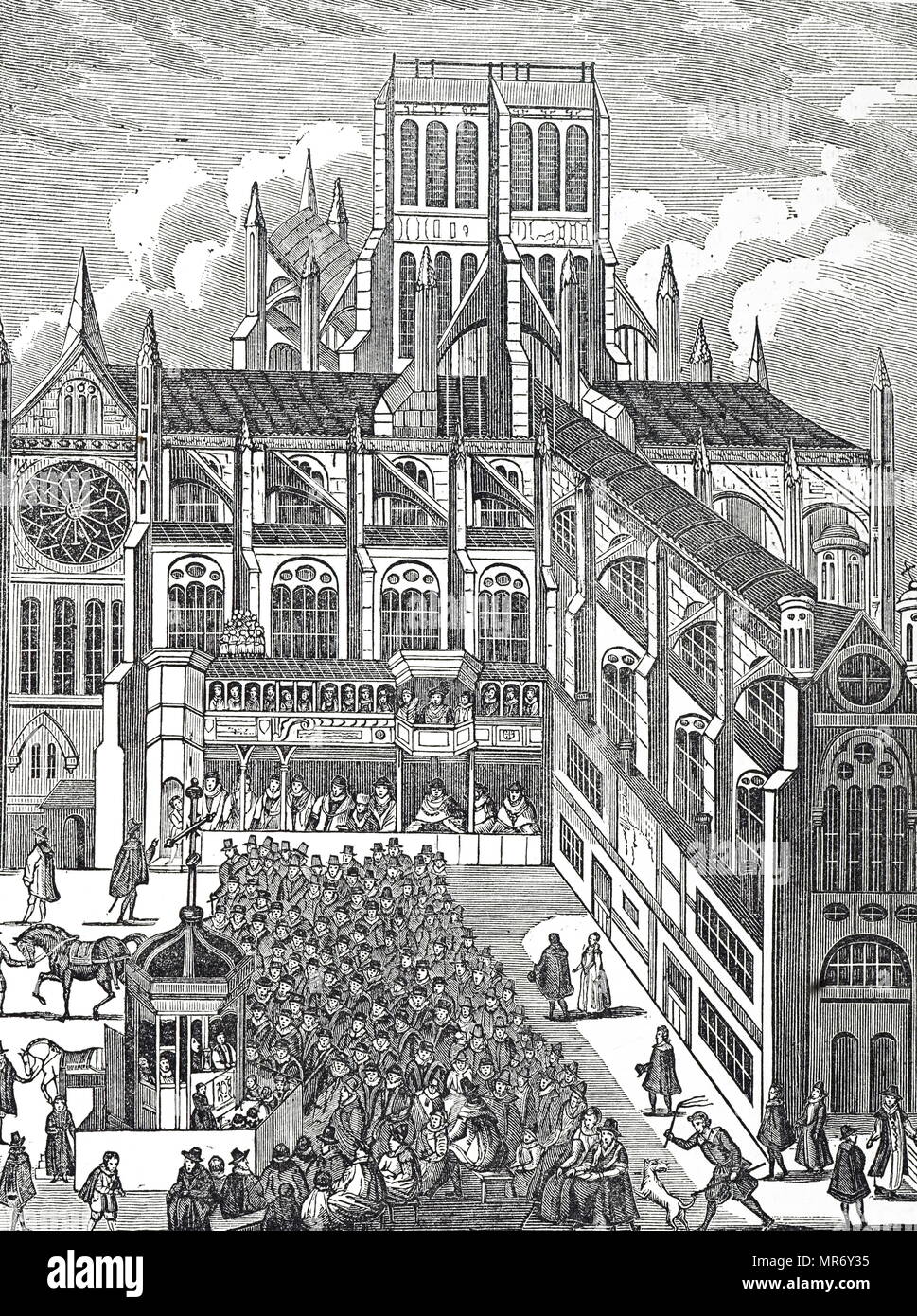Engraving depicting the of London preaching to King James I from