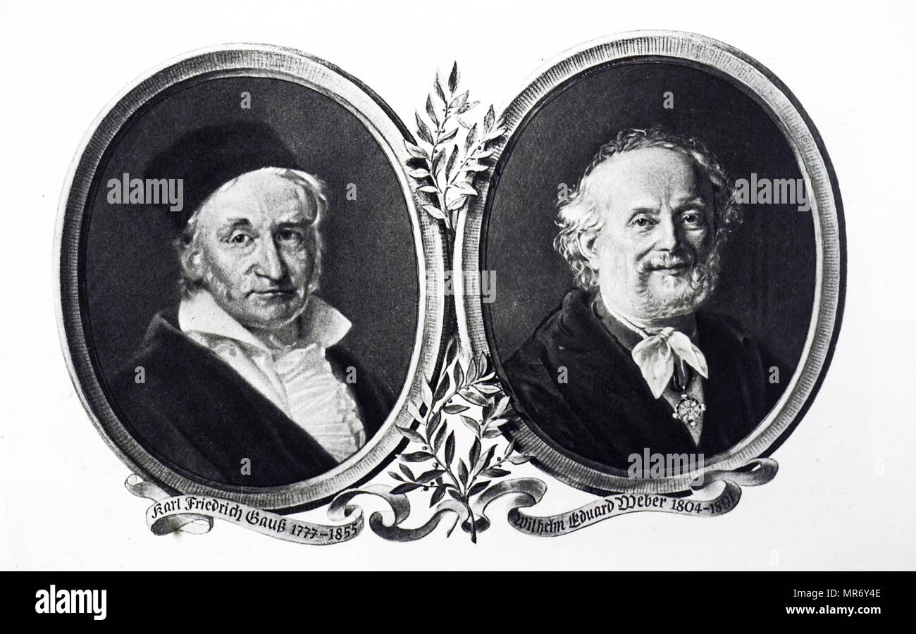 Portraits of Carl Friedrich Gauss and Wilhelm Eduard Weber. Carl Friedrich Gauss (1777-1855) a German mathematician. Wilhelm Eduard Weber (1804-1891) a German physicist and, together with Gauss, inventor of the first electromagnetic telegraph. Dated 19th century Stock Photo