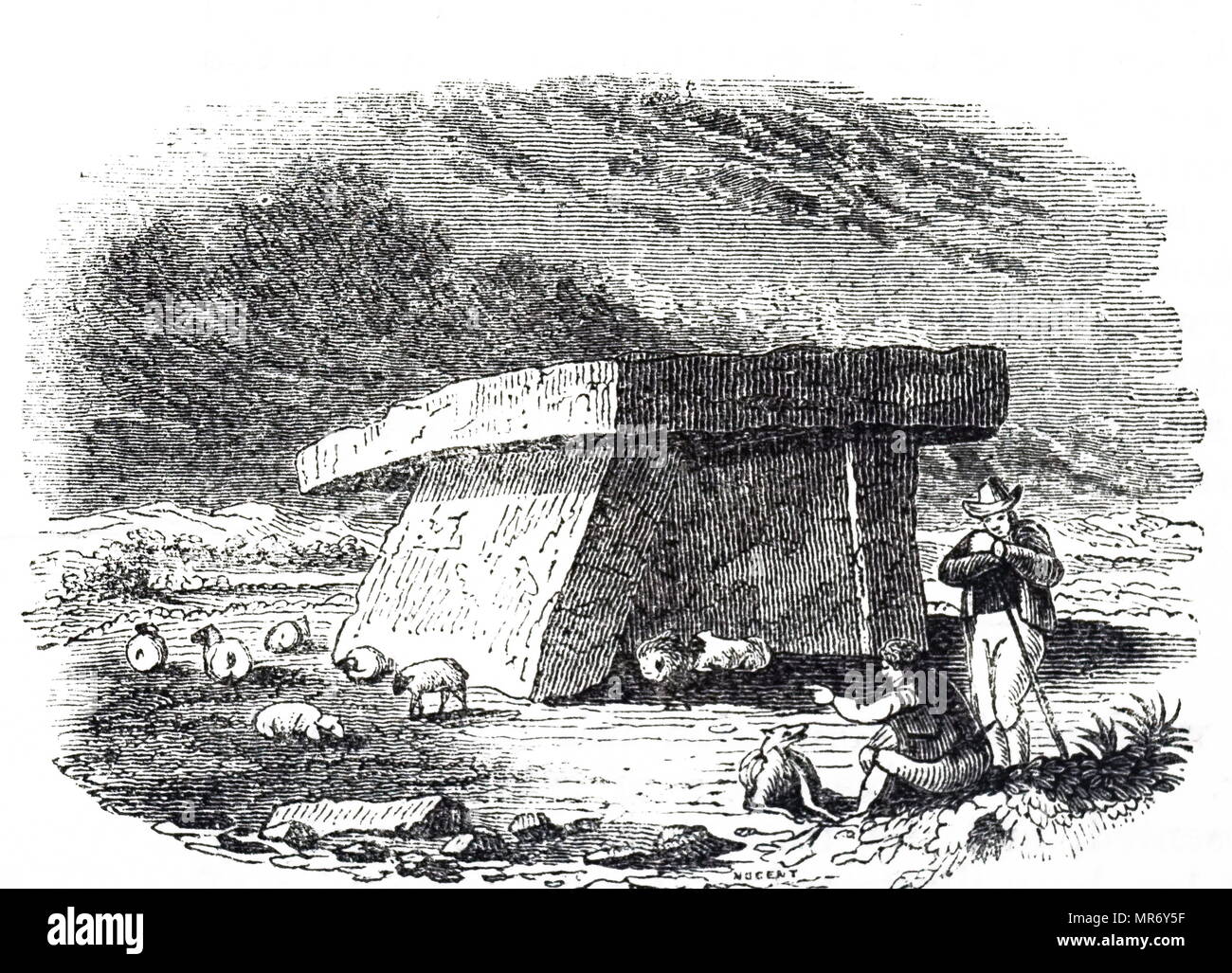 Engraving depicting a megalithic dolmen, a type of single-chamber tomb, usually consisting of two or more vertical megaliths supporting a large flat horizontal capstone. Dated 19th century Stock Photo