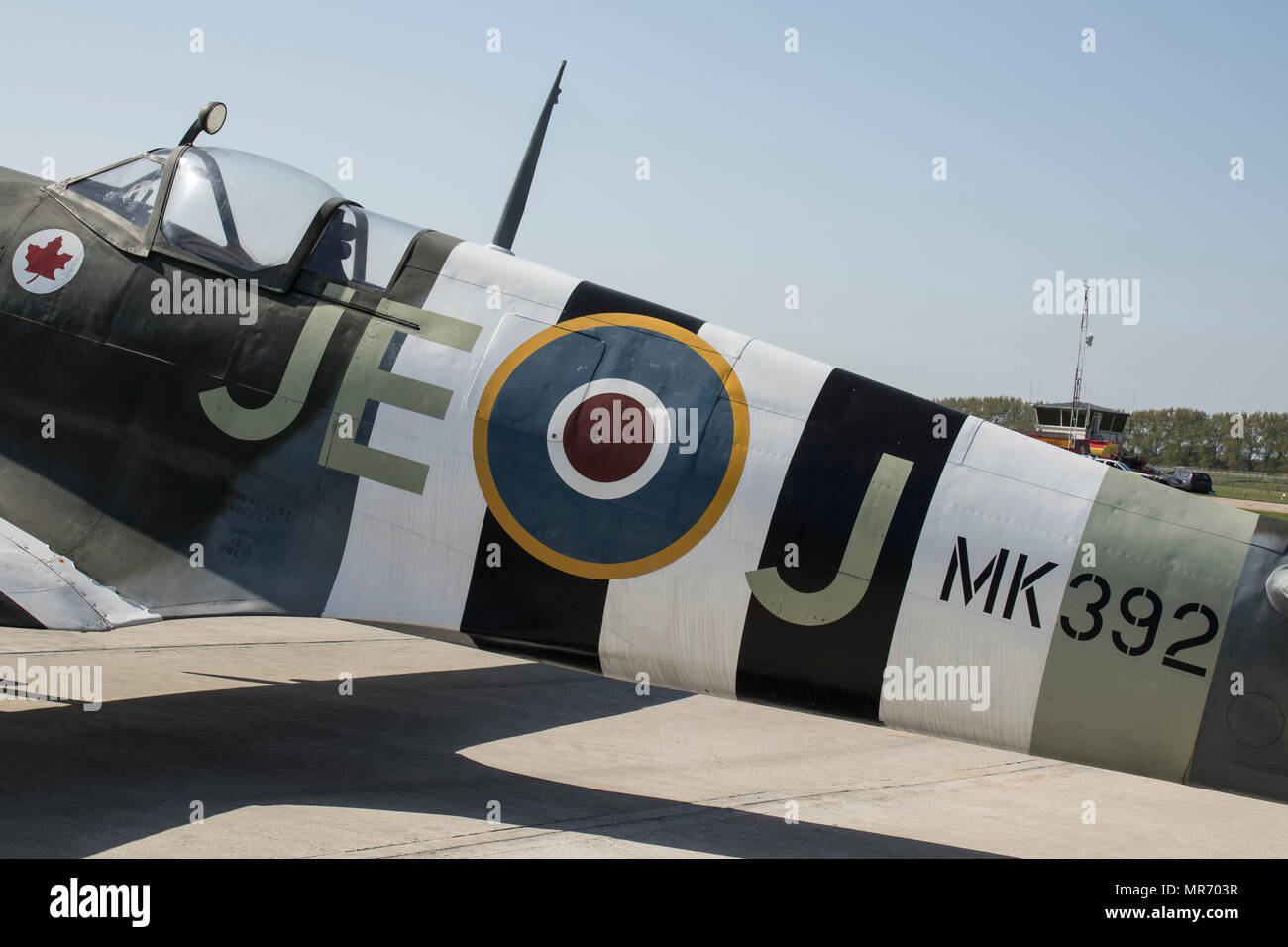 A vintage Spitfire MK 392 parked at Goodwood Aerodrome at Goodwood, Sussex,  UK. This plane was flown by Air Vice Marshal James Edgar Johnson, CB, CBE Stock Photo