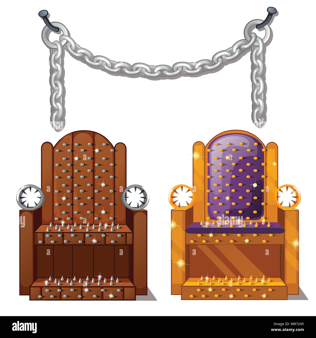 Ancient instruments of torture. Wooden chair with spikes and steel chains isolated on white background. Vector illustration. Stock Vector