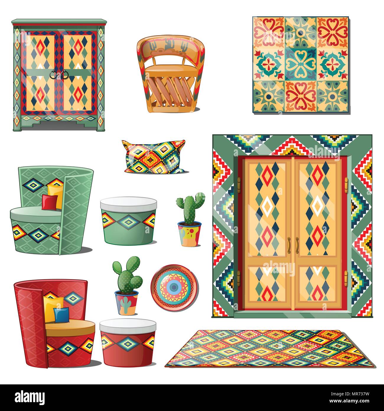 Set interior Mexican style isolated on white background. Vector illustration. Stock Vector